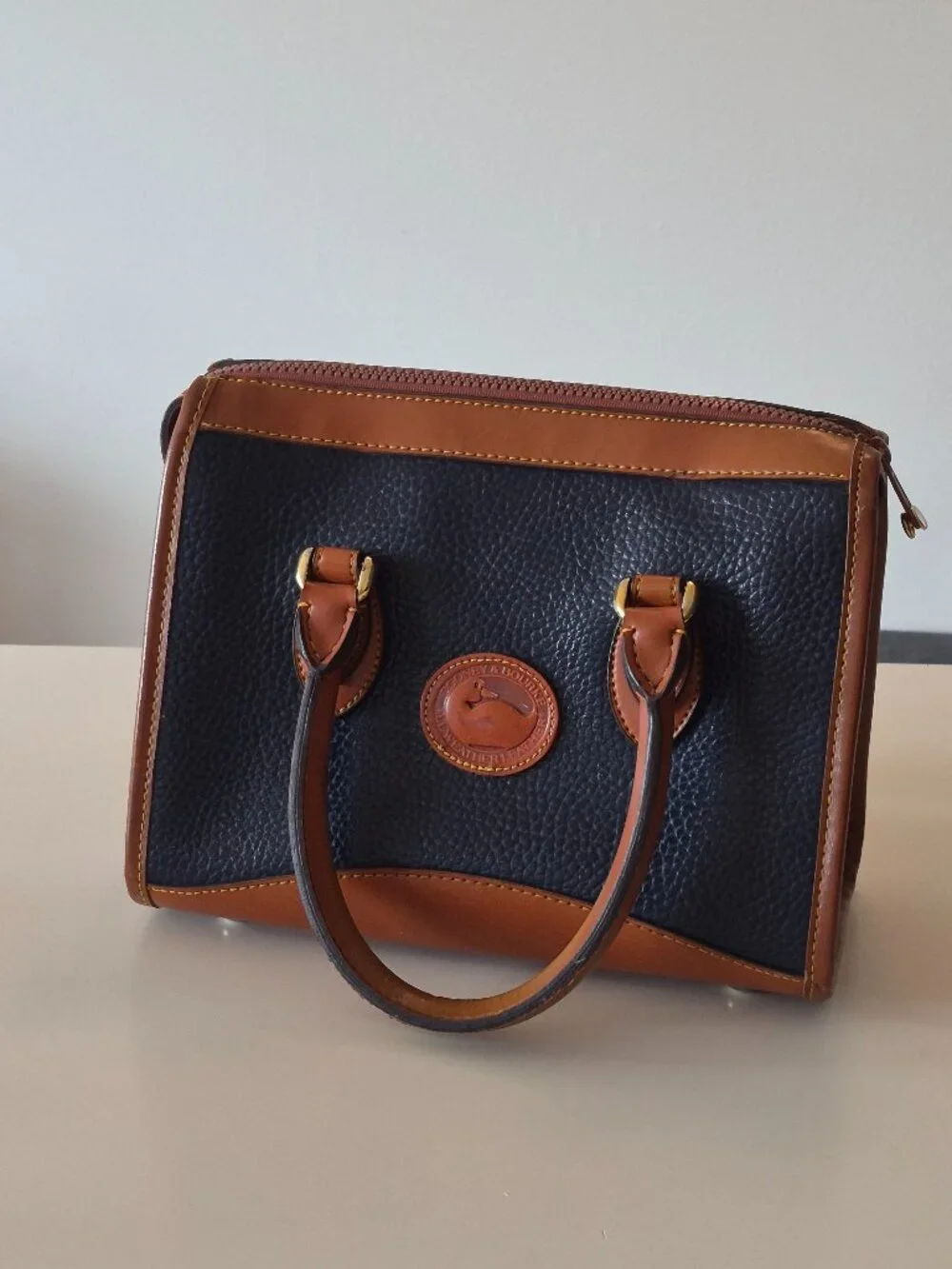 Vintage Dooney & Bourke AWL Small Satchel Top Handle Navy British Tan